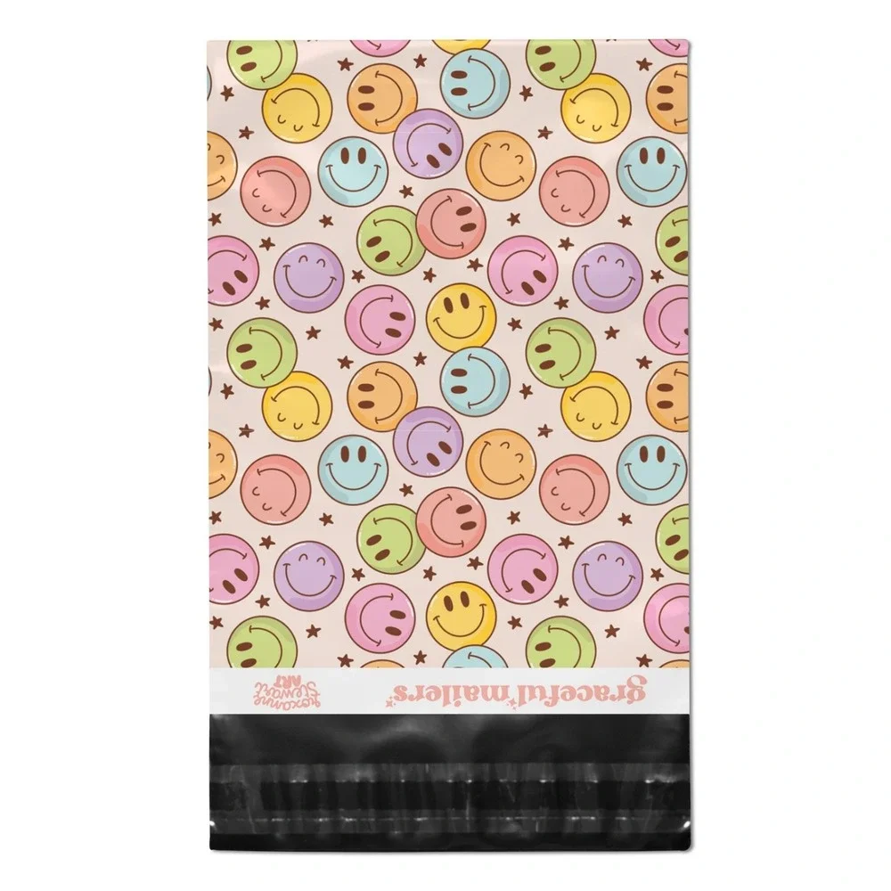 Happy Smiley Faces Poly Mailers‎ 10x13 Inch 100 Pack Shipping Supplies COlorful